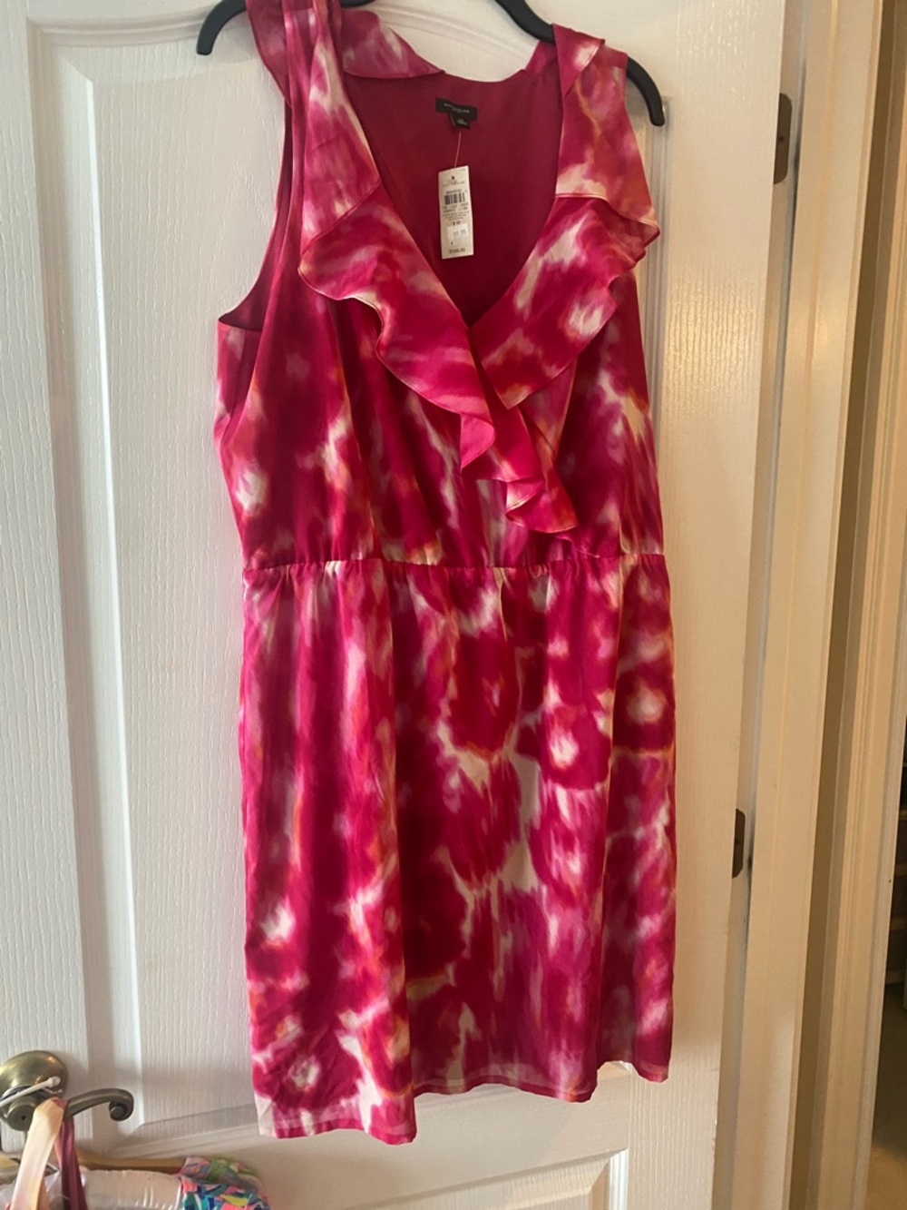 Ann Taylor Pink and White Ruffle V-Neck Sleeveless Dress